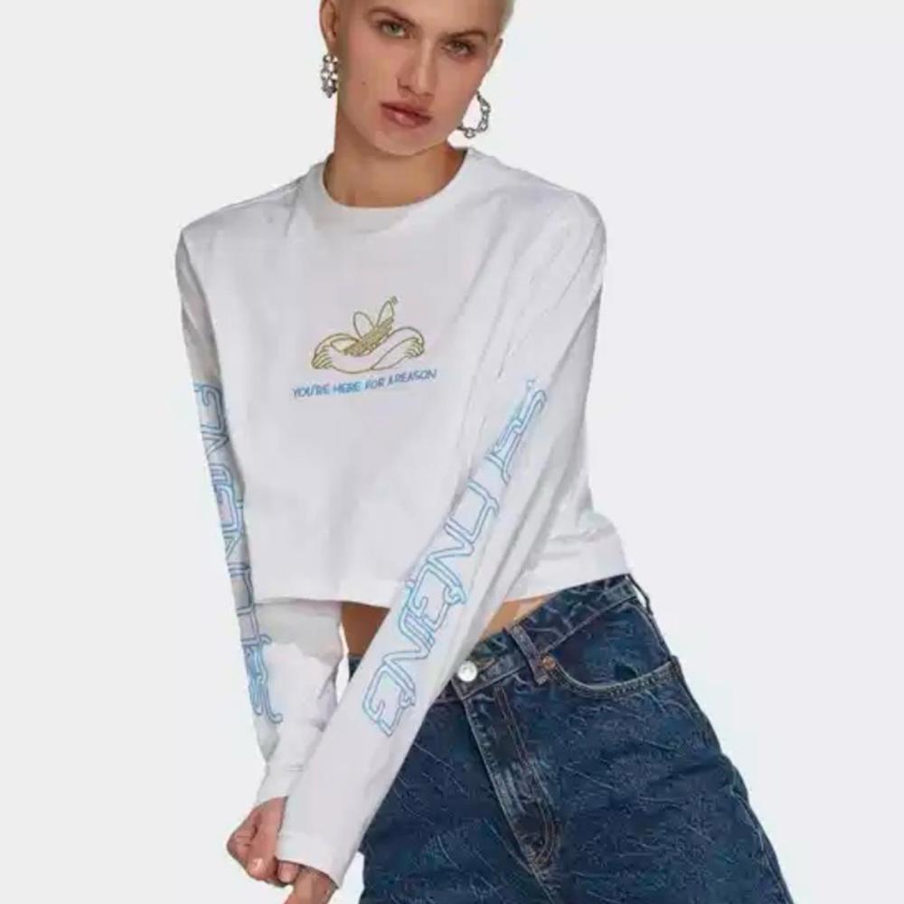 Adidas White Graphic Long Sleeve Crop Top